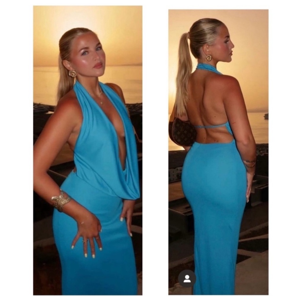 Medium- ZARA BLUE DRAPED HALTER DRESS maxi